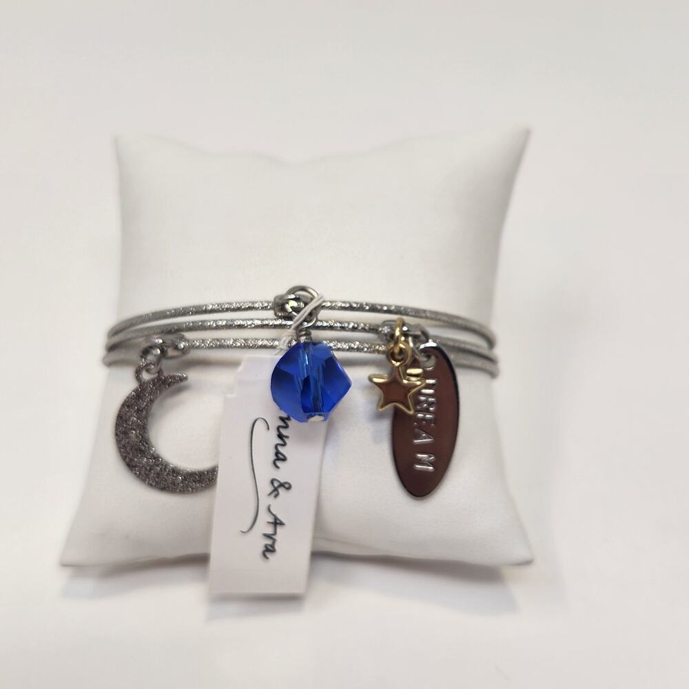 Anna and Ava Multi Charm Bangle Set of 3 Moon Star Blue Rhinestone Stacking New